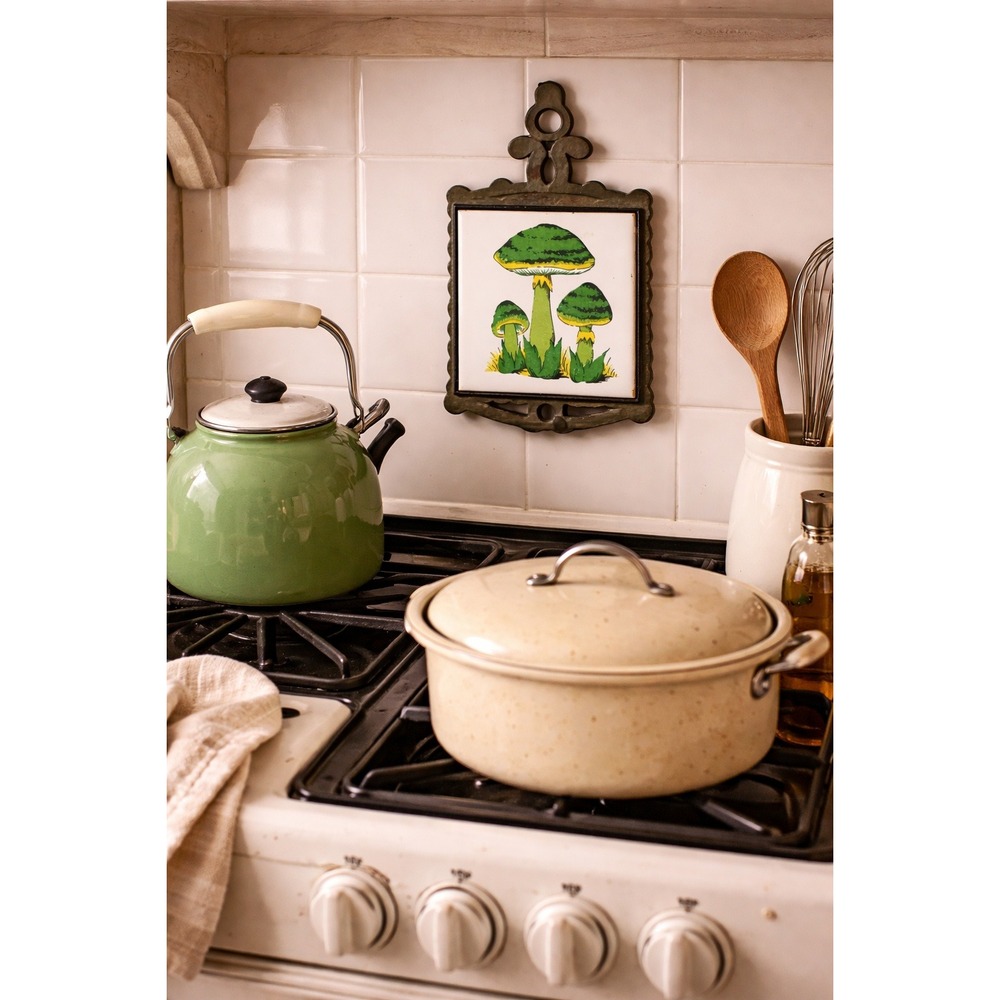 Vintage MCM Retro Cast Iron and Green Mushroom Ceramic Tile Trivet/ Pot Holder